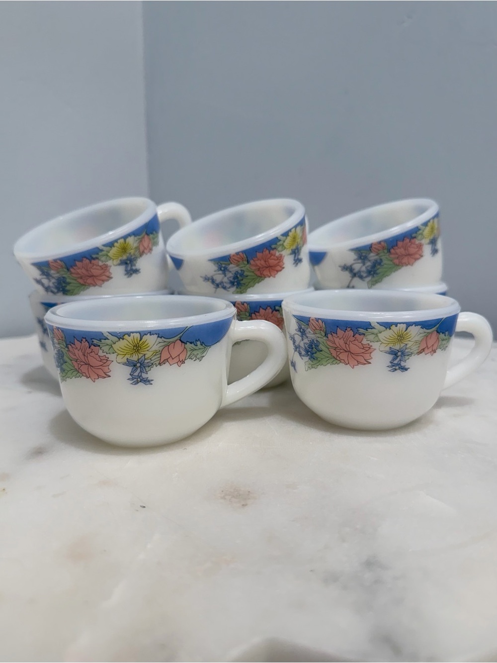 Vintage 90s Duropal French Opal Glass Teacups Set 7 Floral Blue Rim Coffee Cups - Picture 2 of 13